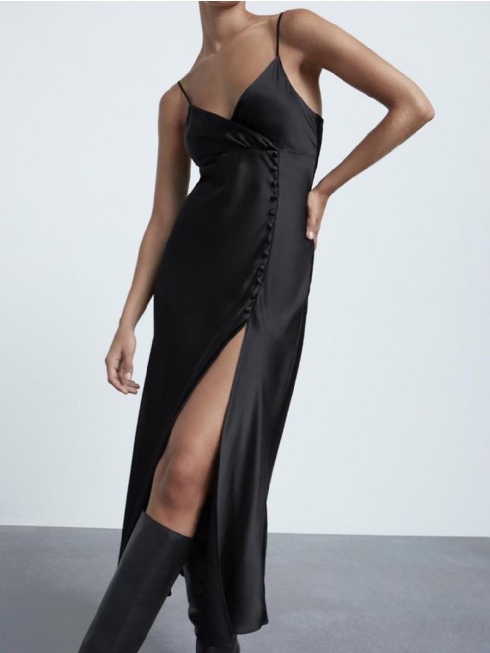 Zara Black Satin Camisole Slip Dress with slit